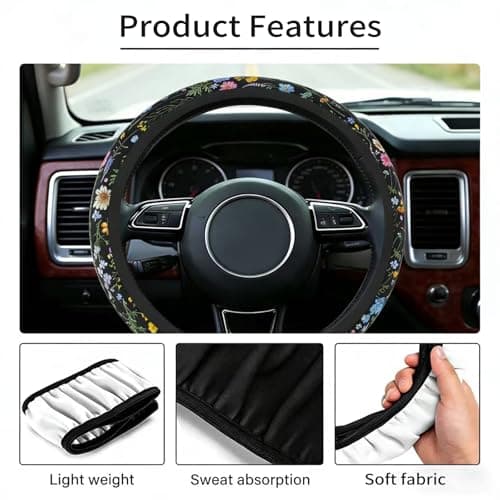 Car Steering Wheel Cover for Women Men, Non-Slip Breathable Steering Wheel, Wildflower Steering Wheel Protector, Car Accessories, Universal 14" 02/2-15" Fit Auto, Suvs thumbnail 3