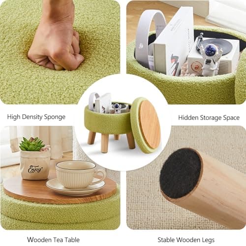 Wimarsbon Storage Ottoman, Modern Round Footrest with Soft Padded Seat, Teddy Velvet Footstool with Wood Legs, Accent Small Table or Plant Stand for Hallway, Living Room (Brilliant Green) thumbnail 4