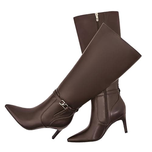 MOTIMODEN Women's Knee High Boots Women Mid Heel Pointed Toe Tall Boots for Women High Heel Side Zipper with Buckle Bow Knots Long Boots for Fall Winter for Fall Winter - 9.5 - Brown-buckle thumbnail 6