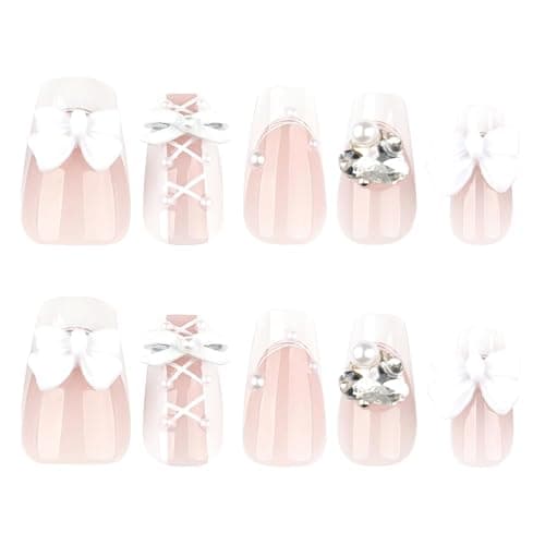 White Press on Nails Medium Coffin Fake Nails French Nails Press ons with Bow Tie Lace Design Full Cover Stick on Nails for Women Manicure,Reusable | Artificial | Nail Sticky Tabs | Easy Apply | 24Pcs thumbnail 5