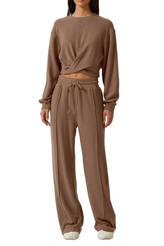 QINSEN Women 2 Piece Outfits Sweatsuit Set Twist Front Cropped Sweatshirt Wide Leg Sweatpant Lounge Set Tracksuit - Image 1