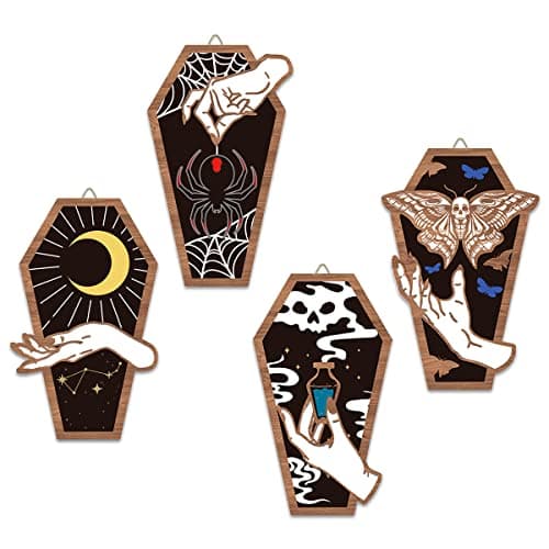 CHDITB Spooky Christmas Decoration Wooden Sign(Set of 4, 6.3"x 10.43"), Gothic Coffin Shaped Door Hanger with Witch Hands Spider Butterfly, Vintage Black Horror Decor for Party Haunted House Christmas