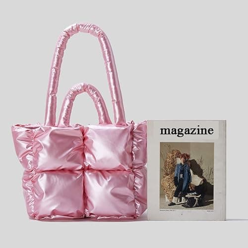 Puffer Shoulder Bag for Women Mini Down Satchel Hobo Bag Quilted Tote Bag Chic Purses 2024 - Light Pink thumbnail 6
