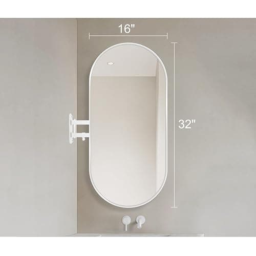 Jcgly Wall Mount Corner Mirror, Oval Bathroom Pivot Mirror, Wall Mirror with Extendable Arm and Metal Frame, Rotating Tilting Mirror, Vertical & Horizontal(White,16" x 32") thumbnail 2