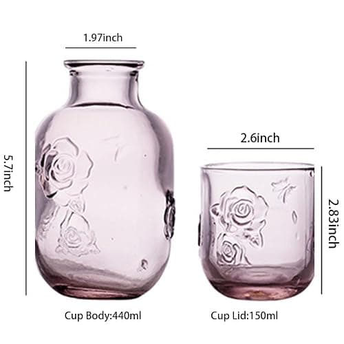 LCORMAG Pink Rose Flower Vintage Bedside Water Carafe and Glass Set, 15 oz Clear Glass Water Carafe with Tumbler for Bedroom Nightstand, Fruit Juice Milk Carafes, Mouthwash Decanter for Bathroom thumbnail 3