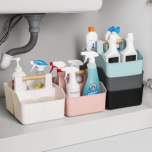 rejomiik Portable Shower Caddy Basket with Bamboo Handle, Plastic Cleaning Caddy Bathroom Organizer Tote for College Dorm Essentials, Bath Toy Storage, White thumbnail 5