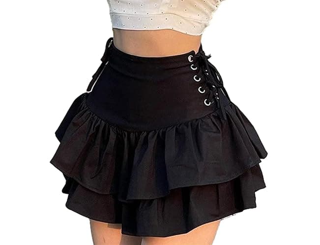 Women Gothic Skirt Fairy Grunge Aesthetic Mall Goth Mini Skirts 2000s E Girl Clothing Fluffy Ruffle Lace-Up - Image 1