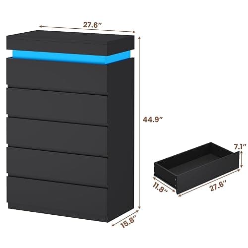 HAUOMS Tall 5 Drawer Dresser with LED Light, Black Modern Chest of Drawers for Bedroom,Closet Dressers with Drawers for Living Room, Entryway, Hallway thumbnail 2