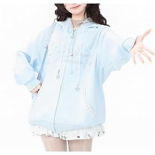 Xojbzoo Y2K Kawaii Bow Lace Trim Zip Hoodie Oversized | Lace trim hood & pockets, adjustable drawstring bows, coquette aesthetic, black blue pink colors, soft cotton blend thumbnail 3