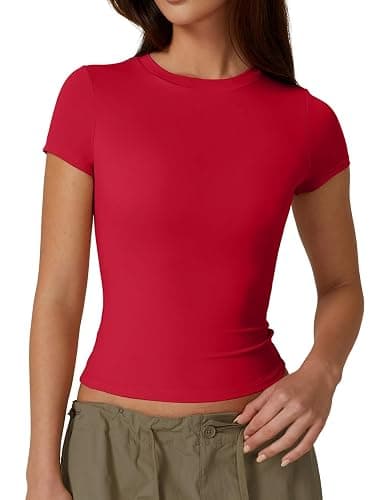 QINSEN Women's Crew Neck Short Sleeve Double-Layer Tops Basic Slim Fit Going Out T Shirt - Image 1