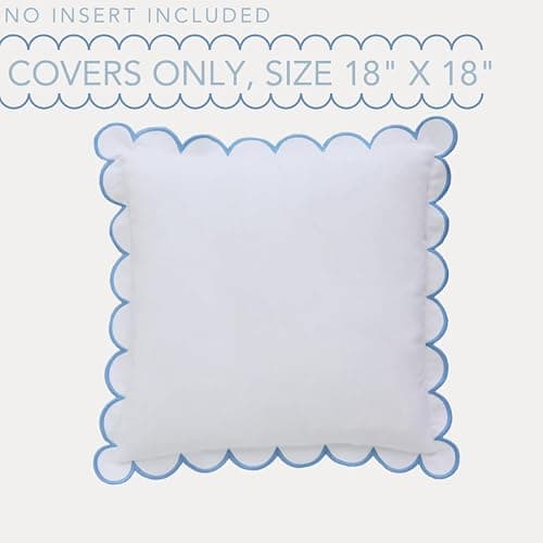 BEBE BASK Scalloped Pillow Cover - Set of 2-18 x 18 Inch - Scallop Pillow Cover – White and Blue Scalloped Pillows - Scallop Pillows - 100% Cotton - Grandmillennial Style (White/Blue) - White/Blue thumbnail 5