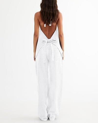 Fisoew Women's Two Piece Denim Set Button Down Backless Tank Top and Wide Leg Jeans 2 Piece Outfit Suits thumbnail 4
