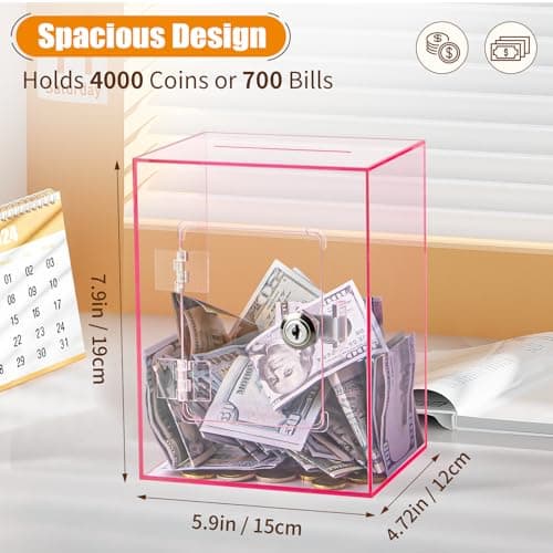 Hicocool Clear Piggy Bank with Lock, Acrylic Piggy Bank for Adults Kids Openable, Reusable Money Saving Box with Key for Birthday (Pink) thumbnail 3