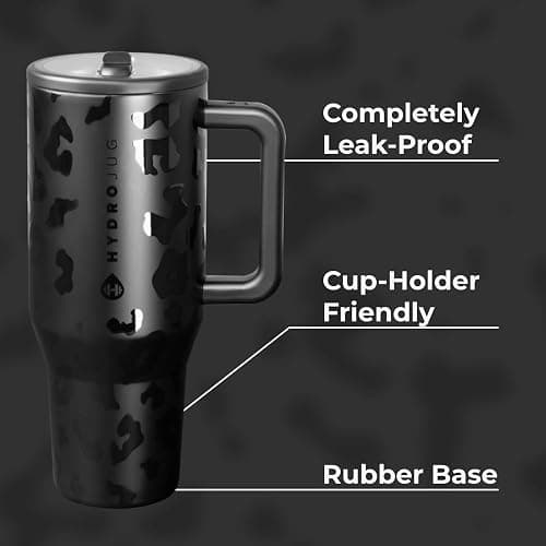 HydroJug Traveler - 32 oz Water Bottle with Handle & Flip Straw - Fits in Cup Holder, Leak Resistant Tumbler-Reusable Insulated Stainless Steel & Rubber Base - Gifts for Women & Men, Black Leopard thumbnail 3