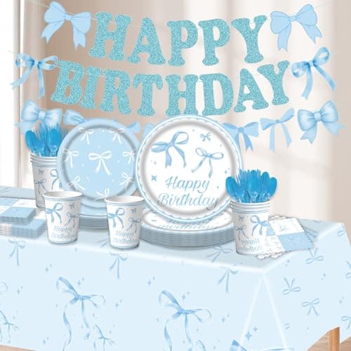 171Pcs Blue Bow Birthday Party Supplies Blue Bow Plates,Banner,Tabelcloth,Cups,Knives,Spoons,Forks,Baby Shower Girls Bow Party Decorations thumbnail 7