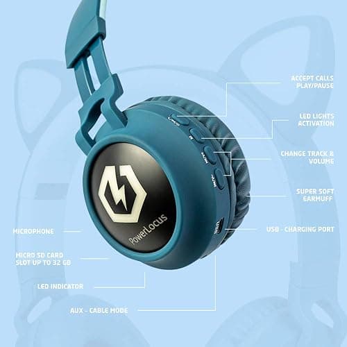 Headphones for Kids, PowerLocus Bluetooth Headphones, Kid Headphone Over-Ear with LED Lights, Foldable Headphones with Microphone,Volume Limited, Wireless and Wired Headphone for Phones,Tablets,PC,TV thumbnail 6