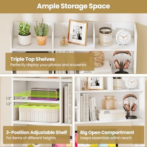 Tangkula Desktop Bookshelf for Computer Up to 32”, 37” Countertop Storage Hutch with 6 Storage Shelves, 3-Tier Desktop Organizer Display Rack, Wooden Desk Hutch for Dorm Home Office (White) thumbnail 7
