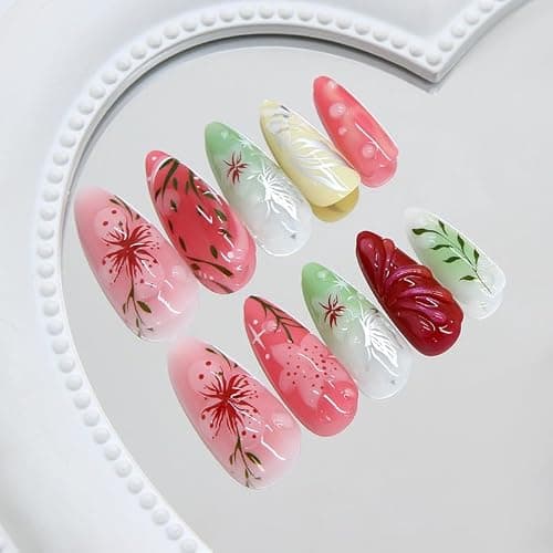 MouyouGlow 30 Pieces Press on Nails Kurz,Almond Gradient French 3D Bubble Blumen Floral Schmetterling Design Y2K Fake Nails mit Nagelkleber,Colourful Flowers Sommer INS Künstliche Fingernägel thumbnail 3