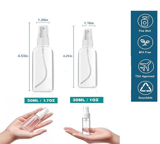 Xolaawa Small Spray Bottle, Clear Empty Mini Travel Plastic Bottle. Premium spray bottles for perfumes and cosmetics. 2 * 1oz, 2 * 1.7oz. (4 Pack) thumbnail 2