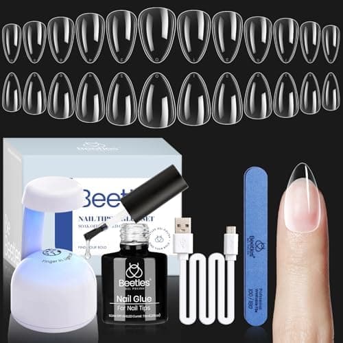 Beetles Gel Nail Kit, Short Almond Nail Tips Easy Extension Set 240 Pcs Pre Shaped Clear Full Cover Fake Nails Tips with 5 In 1 Nail Glue Uv Led Lamp DIY Manicure Gifts for Women - Image 1