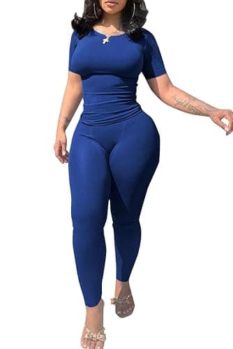 PINSV 2 Piece Sets for Women Summer Casual Jogger Workout Outfits Fitted Crew Neck T-shirt High Waist Legging Sets - Image 1