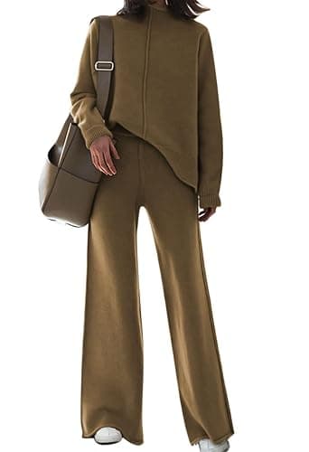 Viottiset Women's 2 Piece Outfits Sweater Set Wide Leg Pants High Neck Sweatsuit Loungewear - Image 1