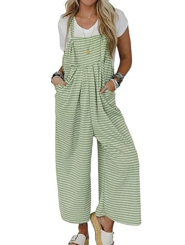 chouyatou Women's Sleeveless Plaid Wide Leg Bib Overall Casual Loose Gingham Jumpsuits with Pockets - Image 1