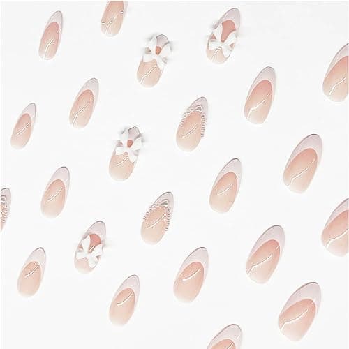 24pcs Almond Shaped Artificial Nails - French Tips with Cute Bow Charms Design - Nude Pink Acrylic Nails for Women & Girls thumbnail 2