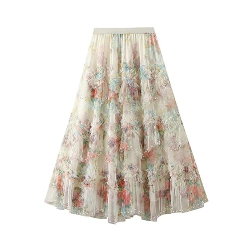 CosSky Womens Floral Tulle Skirt with Beads Elastic High Waist Mesh Tutu A-Line Midi Skirts - Image 1