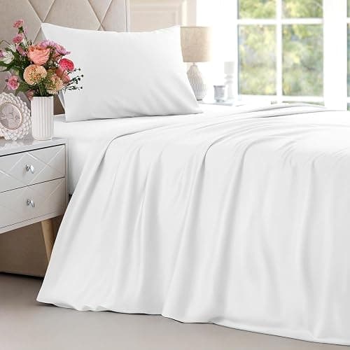 100% Rayon Derived From Bamboo - Bamboo Sheets Twin XL Size - Cooling Sheets for Twin XL - Soft, Breathable & Hotel Luxury Bedding - 1 Flat & 1 Fitted & 1 Pillowcase w/ 16 Inch Deep Pockets - White thumbnail 2
