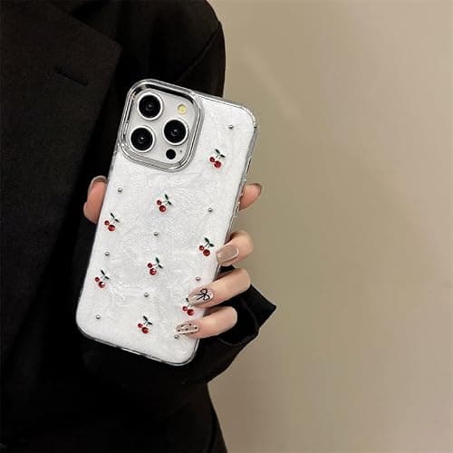 Cute Case for iPhone 15,Red Cherry Pearls with Phone Charm Chain,Pearlized Fruit Case for Women Girls Designed Shockproof thumbnail 4