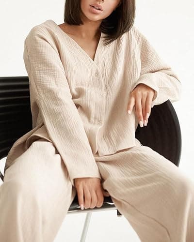 codcm Womens Cotton Gauze Loungewear Sets Casual 2 Piece Sleepwear Button Down Shirt and Wide Leg Pants Outfits thumbnail 2
