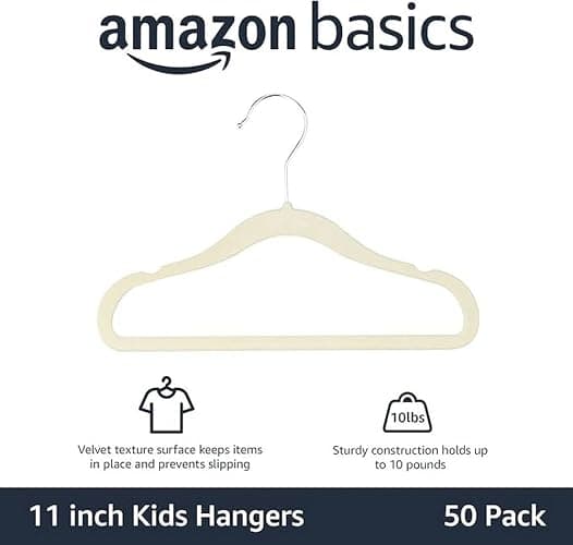 Amazon Basics Kids Velvet, Space Saving, Non-Slip Clothes Hangers for Infant and Toddler, Durable, 11.6 inches (for Baby Clothes), Pack of 50, Beige thumbnail 4