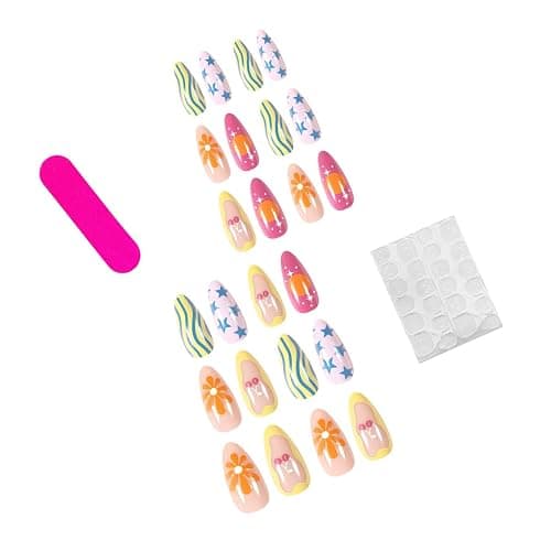 Colorful Press on Nails Short Medium Length Almond Fake Nails with Star Cherry Striped Design Cute Geometric Irregularity Acrylic Stick on Nails Summer Glossy Full Cover Glue on Nails for Women 24Pcs thumbnail 4