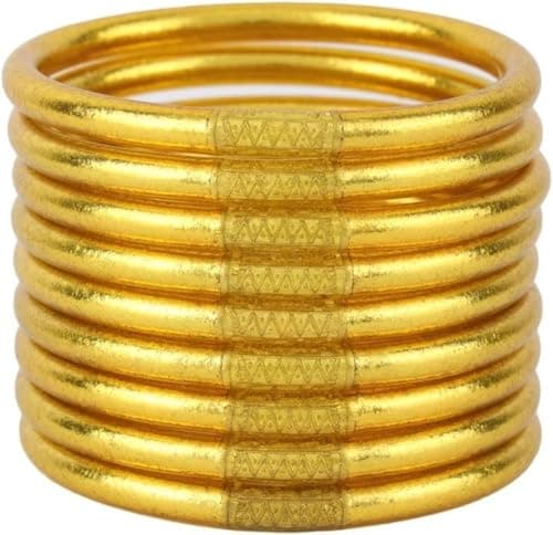 SIXAOAZZ Metallic Gold Silicone Bangle Bracelet Set - 9 Pack Soft Touch Stretch Bracelets for Women - Hypoallergenic Lightweight Accessories for Gym, Office & Everyday Wear - Image 1