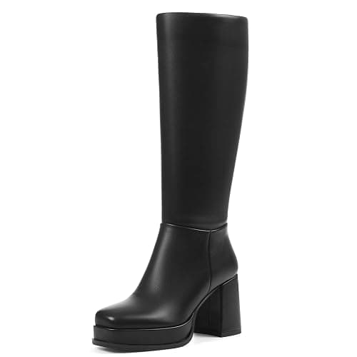 On sale for under 40 Artrotter Knee High Platform Boots for Women Square Toe Elastic Tall Boots Vegan Leather Long Fall Boot Block Chunky Heel Side Zipper - Image 1