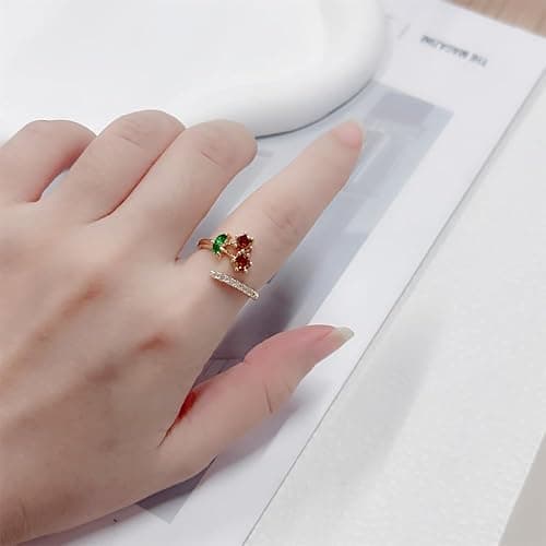 CZ Red Cherry Fruit Stacking Statement Ring for Women Gold Plated Adjustable Expandable Crystal Leaf Open Wrap Finger Rings Comfort Fit Dainty Birthday Halloween Christmas Jewelry Gift thumbnail 3