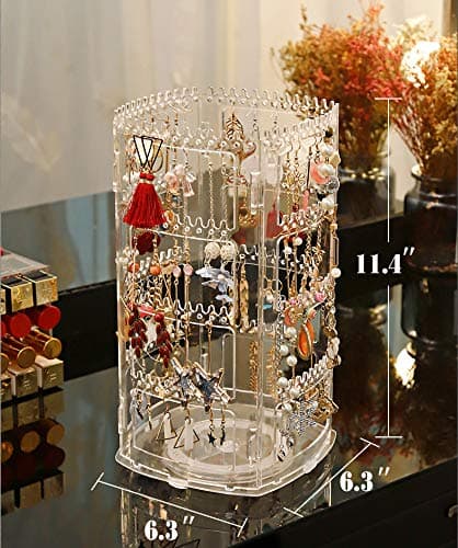 Sooyee 360 Rotating Earring Holder and Jewelry Organizer, 4 Tiers Jewelry Rack Display Classic Stand, 156 Holes and 160 Grooves for Necklaces Earrings Piercings, Clear thumbnail 2