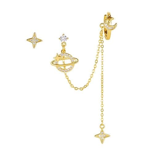 Planet CZ Moon Star Ear Cuff Wrap Clip On Crawler Climber Hoop 925 Sterling Silver Post Stud Chain Threader Tassel Asymmetric Earrings for Women Cute Hypoallergenic Gifts Daughter Bff Christmas - Image 1