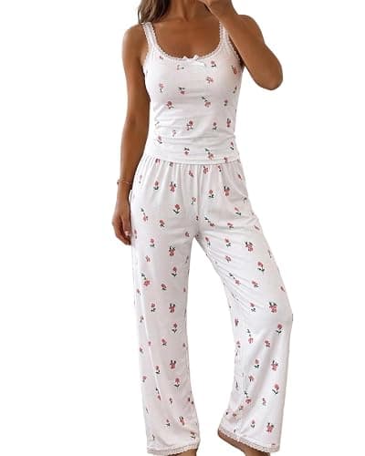 ChicMe Couture Women's Pajamas Set 2 Piece Ditsy Floral Print Lace Cami Top and Pants Loungewear with Pockets Sleepwear - Image 1