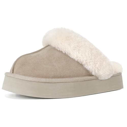 OOW Fuzzy Platform Slippers for Women - Women's Casual Winter House Slippers - Brown, Faux Fur & Shearling Blend - Women's Size - Image 1