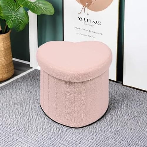B FSOBEIIALEO Storage Ottoman Cube, Heart Shaped Ottomans with Storage Foot Stool Footrest for Lving Room, Boucle Ottoman Seat for Dorm Room,Faux Teddy Fur, Pink 15"x15"x15" thumbnail 6