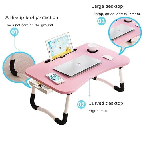 Lap Desk with Storage Drawer, Holders for Cup and Tablet, Tray Table with Foldable Legs, Laptop Bed Stand, Portable Standing Table for Sofa Couch Floor (23.6", Pink) thumbnail 5
