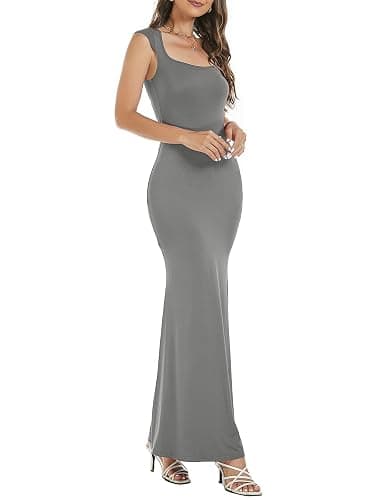 Womens Summer Cap Sleeve Square Neck Elegant Casual Lounge Bodycon Slim Maxi Evening Party Long Dress thumbnail 3