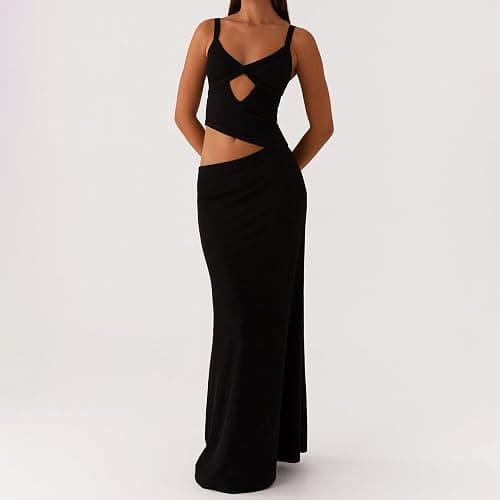 ensswliz Sexy Cut Out Maxi Dress for Women Spaghetti Strap Backless Bodycon Dress Y2k Hollow Sleeveless Formal Long Dresses thumbnail 4