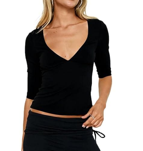 Women Y2k 3/4 Sleeve Crop Tops Deep V Neck Three Quarter Sleeve Fitted Shirt Trendy Going Out Blouse - Image 1