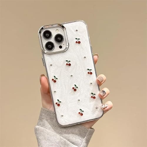 Cute Case for iPhone 15,Red Cherry Pearls with Phone Charm Chain,Pearlized Fruit Case for Women Girls Designed Shockproof thumbnail 3