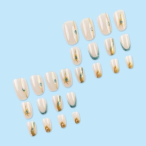 Medium Press On Nails - Nude Almond False Nails with Design, Sun Glue, Glitter Silver French Tip, Acrylic Full Cover Stick Ons for Women & Girls - 24 Pcs - Style04 - 0.99 Fl Oz (Pack of 1) thumbnail 2