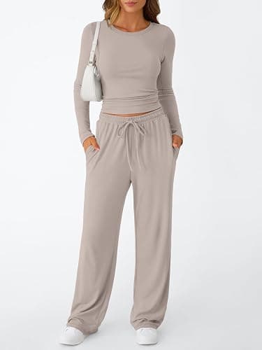 Trendy Queen Women's 2 Piece Matching Lounge Set Long Sleeve Slightly Crop Top Wide Leg Pants Casual Sweatsuit thumbnail 2