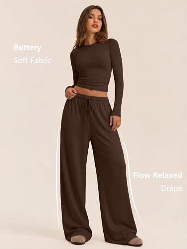 Trendy Queen Women's 2 Piece 2026 Fall Fashion Lounge Set with Pockets | Airport Outfit, Athleisure Workout Set, Fall Wardrobe Staple, Winter Style, Side-Ruched Top, Drawstring Wide-Leg Pants thumbnail 2